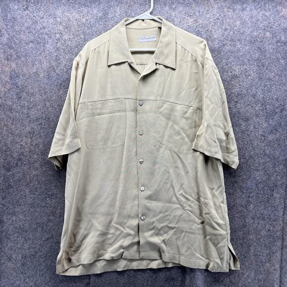 Jhane Barnes Shirt Men Large Khaki Casual Tan Beige Button Down Preppy Silk - Picture 1 of 12